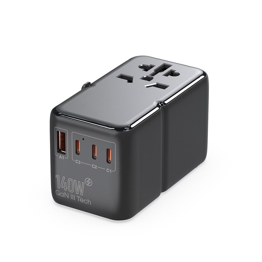Adaptador de Enchufe Internacional de 140 W, Adaptador de Viaje GaN3 con de Corriente Universal, 1 USB A, 3 USB Tipo C, Cargador Rápido, Enchufe de la UE.
