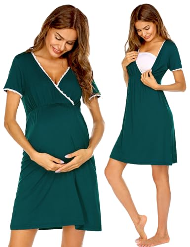 Image of Ekouaer Nursing Nightgown Delivery and Labor Gown for Hospital Short Sleeve Maternity Breastfeeding Dress