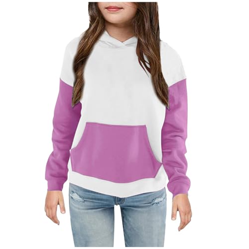 Girls Casual Hoodies Color Block Long Sleeve Pullover Tops with Pocket Lightweight Loose Sweatshirt for 4-14 Years