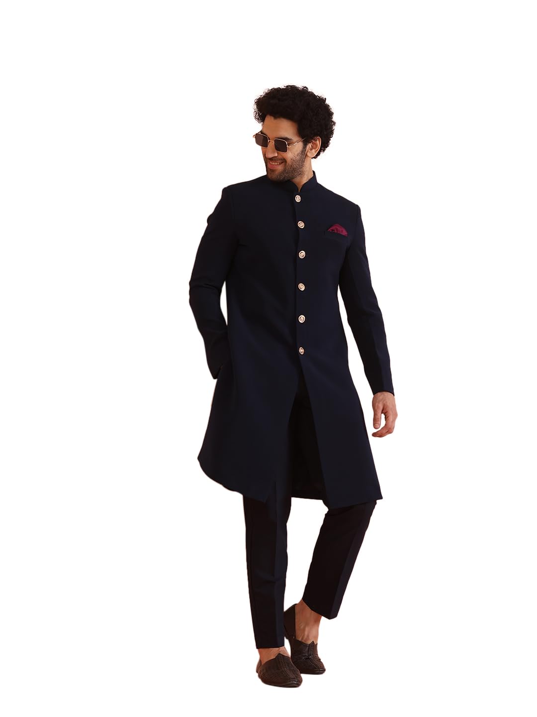 Men's Indo-Western Sherwani, Green Silk Blend, Woven Design Regular Fit Mandarin Collar Long Sleeves