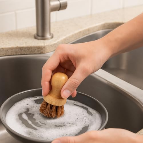 Image of Wooden Dish Scrub Brush Pack of 2 | Natural Coir Bristles Kitchen Scrubber Brush for Cleaning Vegetables, Cast Iron, Pots, Pans & Sink | Natural Wooden Kitchen Cleaning Tool