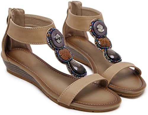 Sandales Gladiator compensées beige en taille 39 avec perles et bride cheville