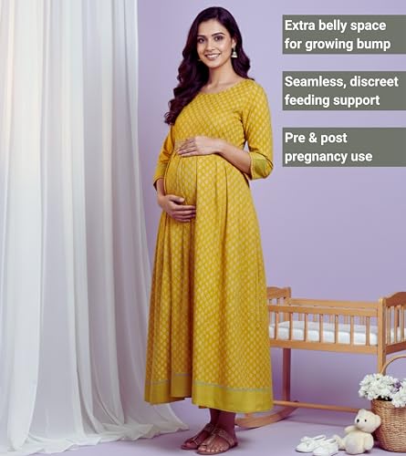 Image of DUMMY SHAPE Maternity Gown for Women | Floral Anarkali Flare Kurta with Dual Nursing Zippers | Pregnancy & Breastfeeding | Feeding Kurtis | Baby Shower | Mom to Be Gifts for Pregnant Woman