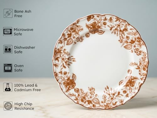 Image of Bodhi House 4-Piece Brown Leaf White Porcelain Dinner Plates Set | Lightweight, Chip Resistant, Microwave & Dishwasher Safe, Elegant Tableware