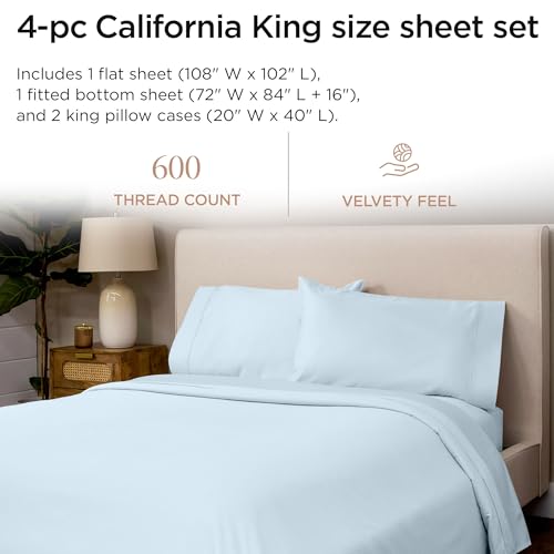 Image of Threadmill 100% Cotton Sheets for Cal King Size Bed - 600 Thread Count Cal King Bed Sheets Set with 16 inch Deep Pocket - Sateen Weave 4-Piece Bedding Set with Cooling Effect, Blue