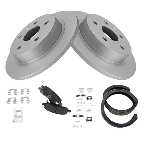 Image of TRQ Rear Brake Pad and Rotor Set Semi Metallic Coated Rotors Parking Shoe Compatible with 2006-2010 Cadillac DTS