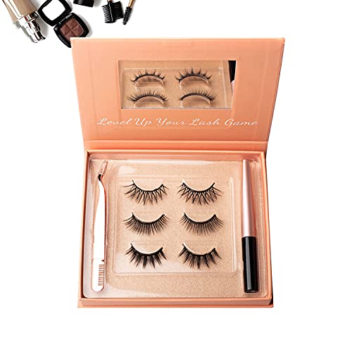 Magnetic Eyelashes with Eyeliner Kit - 3D Magnetic Eyelashes Kit with 3 Pairs Reusable False Eyelashes Natural Look, Tweezers and Eyeliner, More Suitable for Parties
