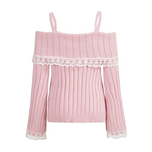 Image of Women Y2k Cold Shoulder Knit Sweater Top Long Sleeve Lace Trim Knitted Pullover Sweaters Bow Cardigan Streetwear