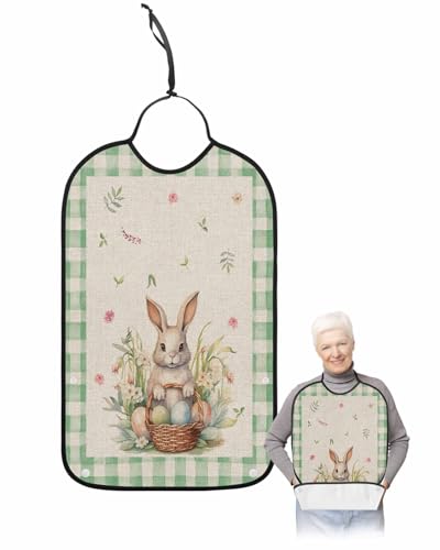 LEOKOTI Teal Easter Bunny Adult Bibs for Eating, Waterproof Bibs with Food Catcher & Adjustable Snap Closure, Spring Floral Colorful Eggs Rustic Washable Clothing Protectors Adult Bibs for Elderly