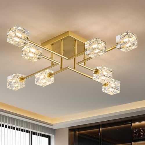 Image of 8-Light Gold Sputnik Chandeliers Modern Crystal Semi Flush Mount Ceiling Light Fixture L 31.5 inch Industrial Chandelier for Living Room Dining Room Foyer Entryway Kitchen Bedroom