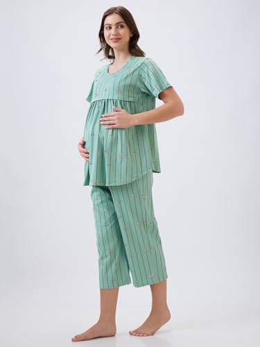 Image of AV2 Women's Cotton Printed Maternity & Feeding Night Suit Set of Top & Relaxed Capri Nursing Night Dress -2124