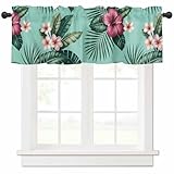 Tropical Plants Window Valance Curtain Summer Green Leaves Hibiscus Flowers Valance Tier Curtain Blackout Rod Pocket Curtain Valance for Kitchen/Bedroom/Living Room/Bathroom, 1 Panel, 54 x 18 Inch