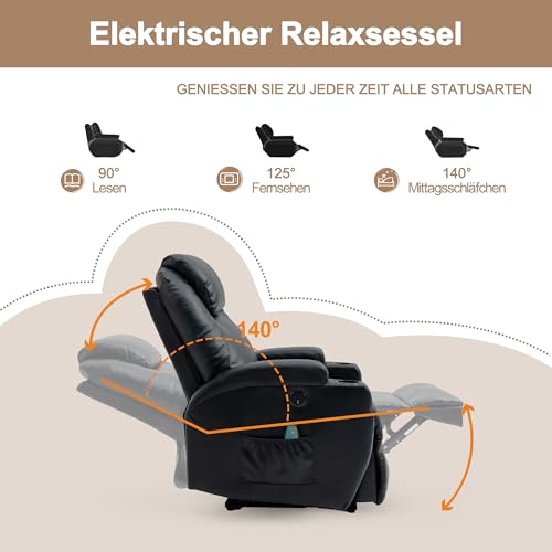 Thanaddo Elektrische Massagesessel Relaxsessel mit ärmefunktion und Vibration, TV Sessel mit Liegefunktion, mit USB, Liegefunktion Wärmefunktion,neu Schwarz – Bild 6