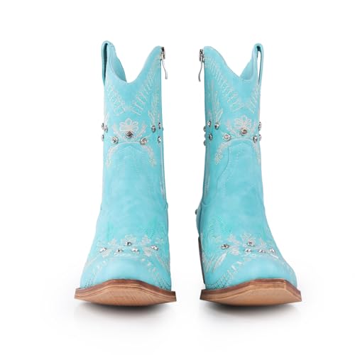 Image of Rhinestone Ankle Cowboy Boots for Women Embroidered Short Cowgirl Boots with Low Heel Side Zipper Comfortable Chunky Heel Western Booties for Prom Party Wedding Pull On Shoes