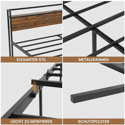 Bett 140x200 mit Steckdose Metallbett 140x200 mit 3 USB-Anschlüssen und LED Beleuchtung Bettgestell aus Metall mit Kopfteil Doppelbett mit Stauraum Jugendbett Bettrahmen mit Lattenrost(140x200cm)