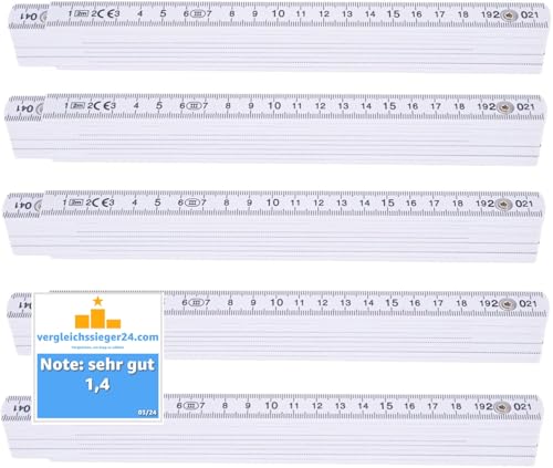 5 Stück Zollstock 2 Meter - Meterstab extra bruchsicher & Messgenau & leicht zu lesen - weiß