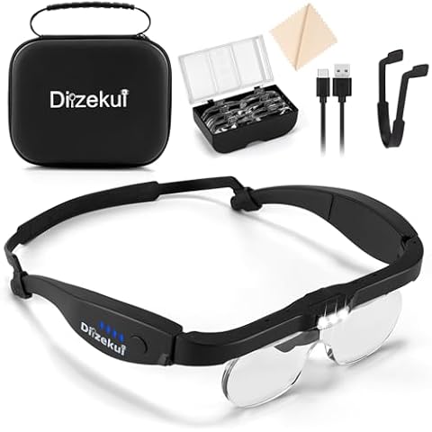 Dilzekui Magnifying Glass with Light 1.5X to 5.0X, Rechargeable Magnifying Glasses Head Magnifier, Lighted Magnifying Glass with Carry Case, 4 Lenses, Magnifying Headset for Close Work Crafts Jewelry Cover