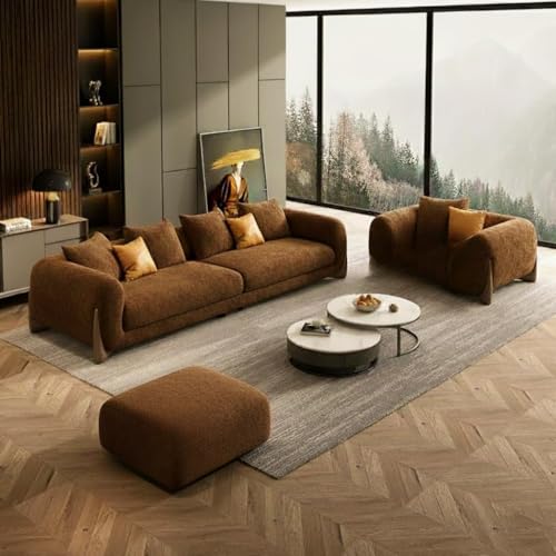 Image of Boucle Fabric Modern Design Sofa with Pillow or Strong Woden Legs Best for Living Room, Halways, Garden (3+1 Seater +Ottoman (Brown))