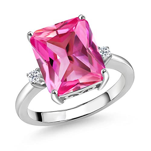 Gem Stone King 6.68 Cttw 12X10MM Pink Created Sapphire and 2MM White Topaz 3 Stone Engagement Ring For Women | 925 Sterling Silver | Gemstone September Birthstone | Available in Size 5,6,7,8,9