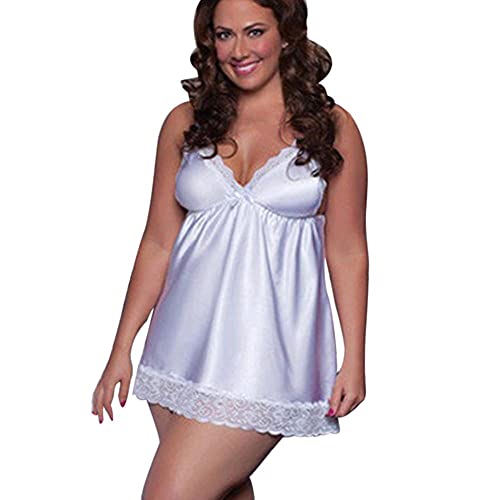 Aniywn Sexy Lingerie for Women, Plus Size Babydoll Lingerie V Neck Lace Full Slip Nighty Sleepwear Chemise Satin Lingerie White