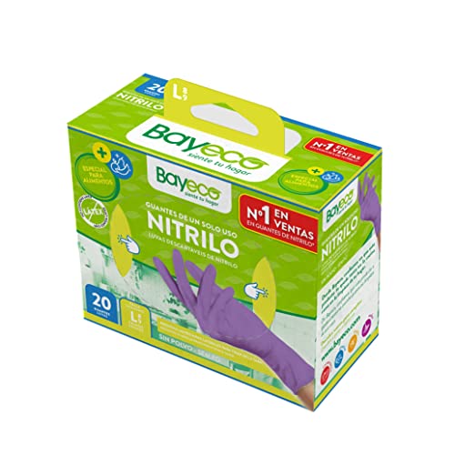 Bayeco - Guantes nitrilo de un solo uso - Color Morado - Ambidiestros - Sin Polvo ni latex - Dedos texturizados para mejor agarre - Pack dispensador de 20 unidades - Talla L Cover