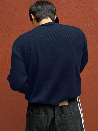 Image of Trillion Men's Textured Fabric Solid Color Basic Half-Open Collar T-Shirt, Fall Long Sleeve Men Shirt | Tshirt for Men