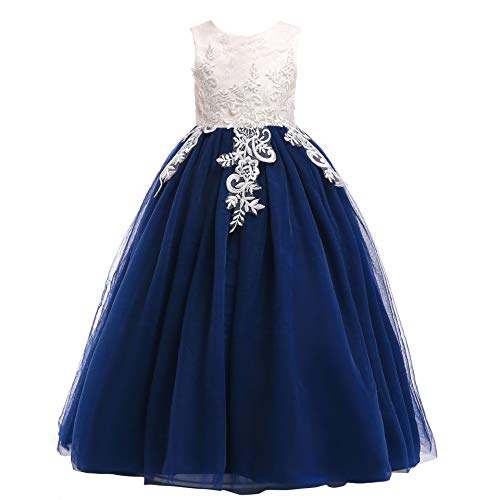 Weileenice Navy Big Girls Lace Bridesmaid Dress Flower Girl Wedding Prom Dance Maxi Gown Kids A Line Formal Princess Pageant Tulle Dresses Long for Christmas Party Evening (11-12Y, 8553-CE/NB)