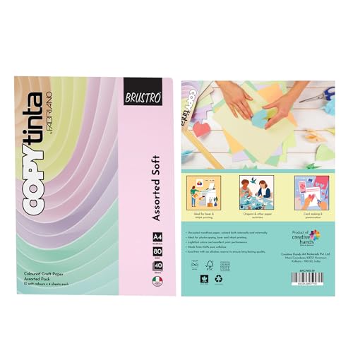 Image of BRUSTRO Copytinta Mixed Soft Colour Craft Paper | A4 Size, 80 GSM | Pack of 40 Sheets (10 colors X 4 Sheets) | Double Side Colored, Ideal for Origami, Scrapbooking, Making Card, DIY Art & Craft.