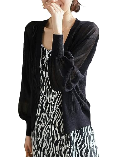 Wnodruke カーディガン レディース UVカット 接触冷感 無地 薄手 パフスリーブ ゆったり 柔らか 冷房対策 春夏秋 WN053 (ブラック)