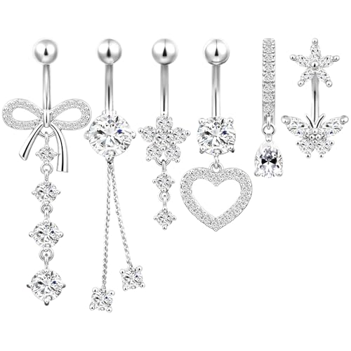 AOOSA 6 Piezas Piercings Ombligo para Mujeres, Anillos para el Ombligo Acero Inoxidable, Plata Juego De Piercings De ombligo, Piercing Colgante en el ombligo para Combinar con Diversos Atuendos