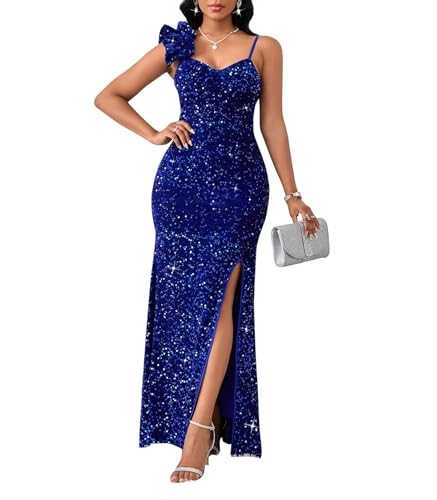 Image of Cololura Women Sexy Elegant Sequin High Split Ruffled Hem Mermaid Party Cocktail Bodycon Formal Evening Gowns Maxi Dress