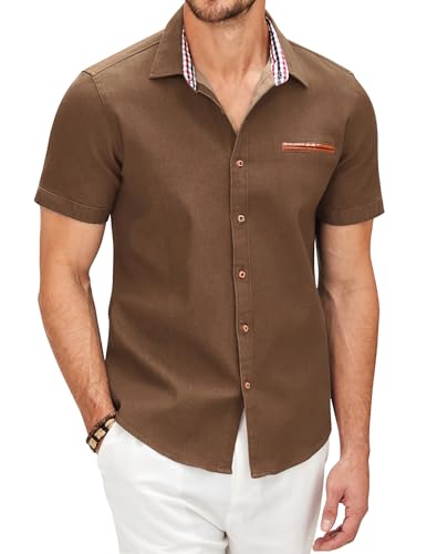 COOFANDY Hemd Herren Kurzarm Jeanshemd Sommer Leichtes Freizeithemd Jeans Hemden für Herren Kurzarmhemden Slim Fit T-Shirt Cowboy-Style Business Büro Hemd Männer Braun L
