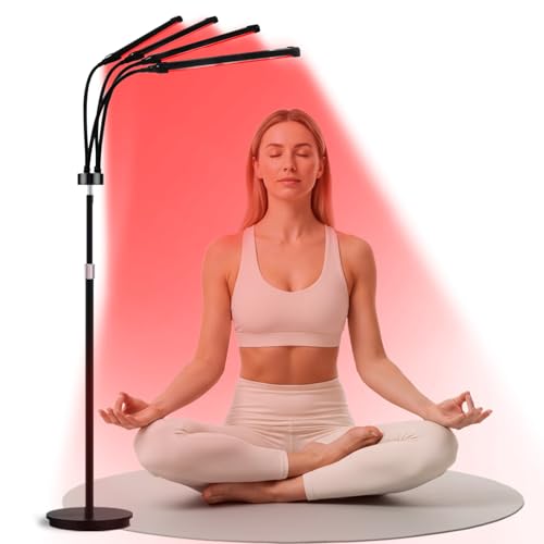 Lampe Rouge 240 LED, Lampe Infrarouge 3-en-1 avec 3 minuteries et 5 niveaux de luminosité, Lampadaire à 4 têtes réglables pour maison, bureau et salon