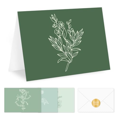Cartes de vœux vertes Whaline | Lot de 40 cartes botaniques vierges avec enveloppes