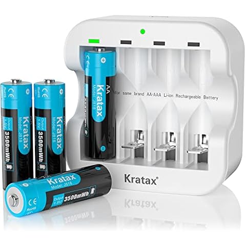 Rechargeable Battery AA with Charger,Kratax 3500mWh Lithium AA Battery,Constant 1.5V AA Rechargeable Batteries With AA AAA Battery Charger,1600 Cycles[4xAA Batteries+1xCharger] Cover