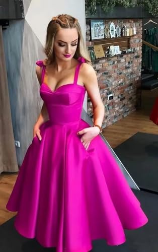 CWOAPO Satin Tea Length Homecoming Dresses for Teen Spaghetti Strap Short A Line Prom Cocktail Dress with Pockets4