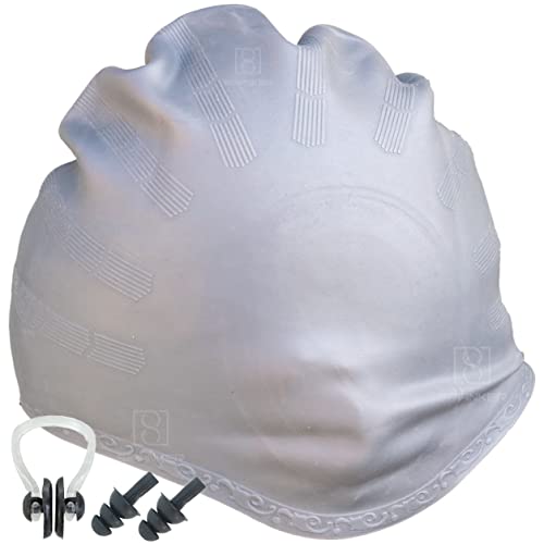 Image of Spanker Unisex Swim Cap with 3D Ear Protection, Durable Flexible Silicone Swimming Hat for Short /Long Hair with Ear Plugs&Nose Clip, Grey SSTP