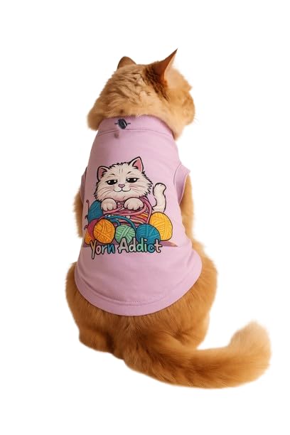 Image of Thunder Tails Printed Cat T-Shirt for Small to Large Cats & Kittens | Lightweight Breathable Cotton Pet Apparel | Cute & Stylish, Comfortable Round Neck Cat Clothes (XS, Lilac)