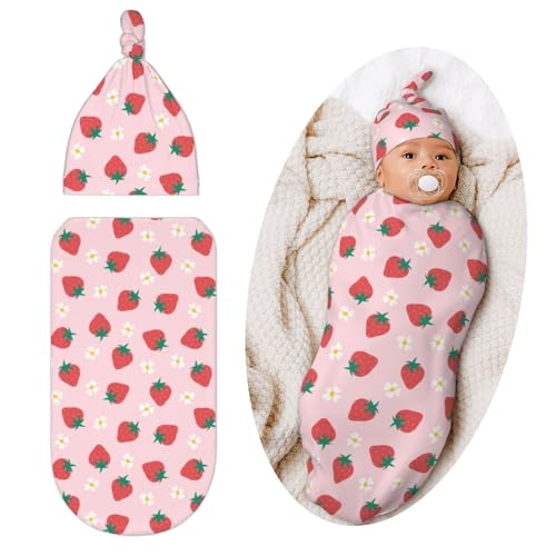 Image of Qwalnely Swaddling Blanket for Baby, Sleeping Sacks, Unisex Baby Stuff with Hat, Strawberry