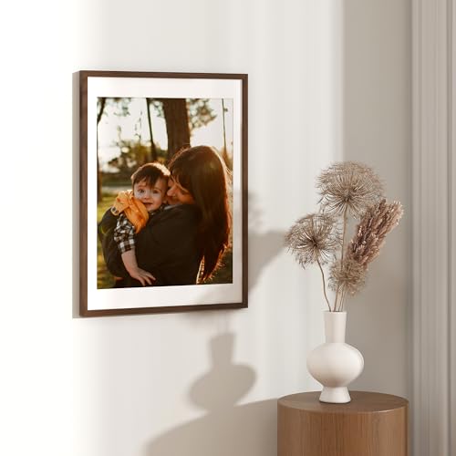 Image of FLYJOE 18x24 Oak Wood Picture Frame with Mat for 16x20, 18 by 24 USA-Sourced Natural Solid Wooden Poster Frame for Wall Display, Tempered Real Glass, Hanging Hardware Included, 3 Pack, Walnut Color