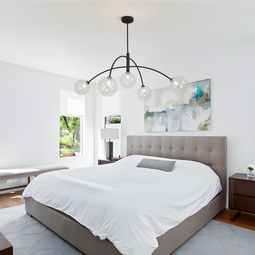 Image of Mid Century Modern Sputnik Chandelier Adjustable 5 Light Pendant Light Fixture Clear Glass Black Ceiling Chandelier for Dining Room Kitchen Bedroom