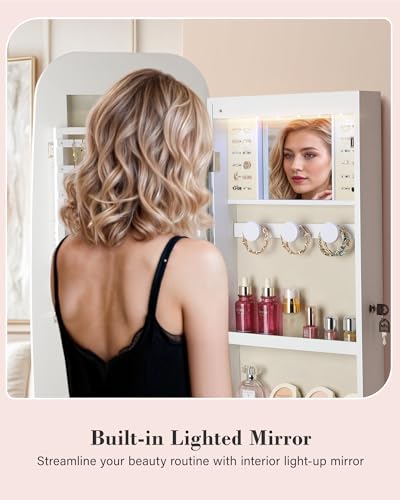 Nicetree LED Mirror Jewelry Cabinet, Rounded Jewelry Armoire Organizer, Wall or Door Mounted Jewelry Organizer with Interior Mirror, Lockable Wide Mirror with Jewelry Storage, 2 Drawers, Pure White