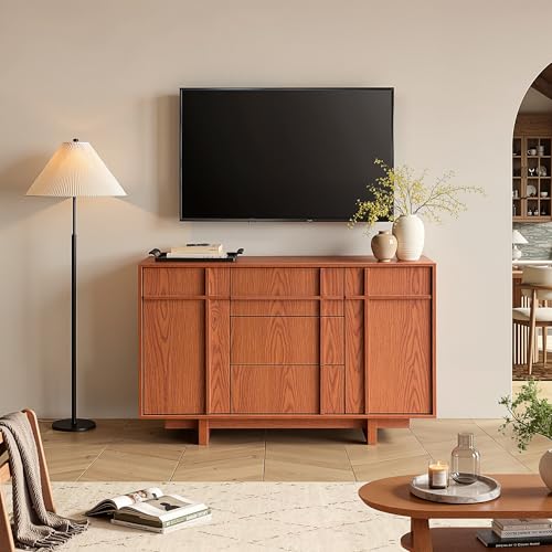 Image of Sideboard Buffet Cabinet with Storage, 47.2 inch Large Sideboard with 2 Doors & 3 Drawers, Mid Century Modern Credenza with Skeleton Line&Wood Grain for Living Room, Kitchen and Entryway, Cherry