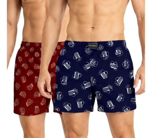 Image of Men's Ultralight Cotton Printed Boxer Shorts | Regular Fit | Soft Cotton Fabric with Microfibre Waistband for All-Day Comfort (Maroon-Dark Blue-L)
