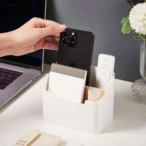Image of MosQuick Remote stand for home mobile holder phone organiser desk organizer controller stand Remote Control Organizer TV Remote Holder desk accessories with 4 Compartments Desktop Storage Box White