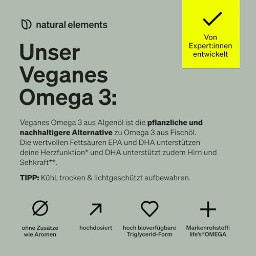 natural elements Omega 3 vegan aus Algenöl - 90 Kapseln - Hochdosiert mit hochwertigem EPA und DHA (in Triglycerid-Form) - Omega-3 für Veganer, Laborgeprüft, nachhaltig und von Natur aus schadstoffarm