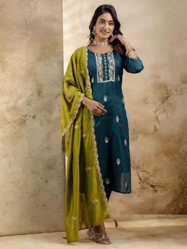 Image of VredeVogel Women's Silk Blend Embroidered Kurta with Pant & Dupatta Set | Modern & Traditional Blend Ethnic Wear | Festive & Casual Outfit