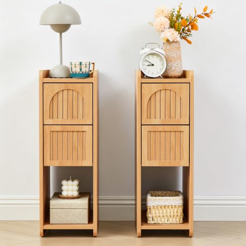 Image of Narrow Nightstand Set of 2, Wooden Small 2 Drawer Nightstand, Slim Side End Table, Skinny Bedside Table, Mid Century Modern Night Stand with Drawers for Bedroom (Yellowish Natural)