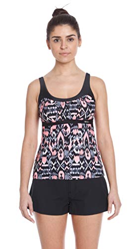 ZeroXposur Womens Tankini Swimsuits Ruched Top Boybrief Bottoms Set (Monochrome/Firefly, Medium)
