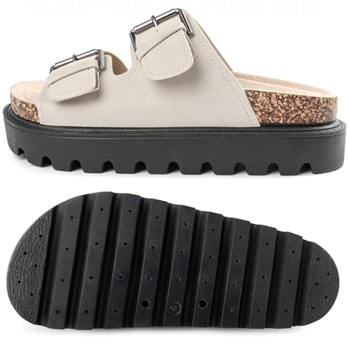 Image of Chunky Platform Sandals for Women, Waterproof Non-Slip Rubber Sole, Adjustable Double Buckle, Arch Support Open Toe Slide Sandals, Comfortable Black Wedge Sandals for Women